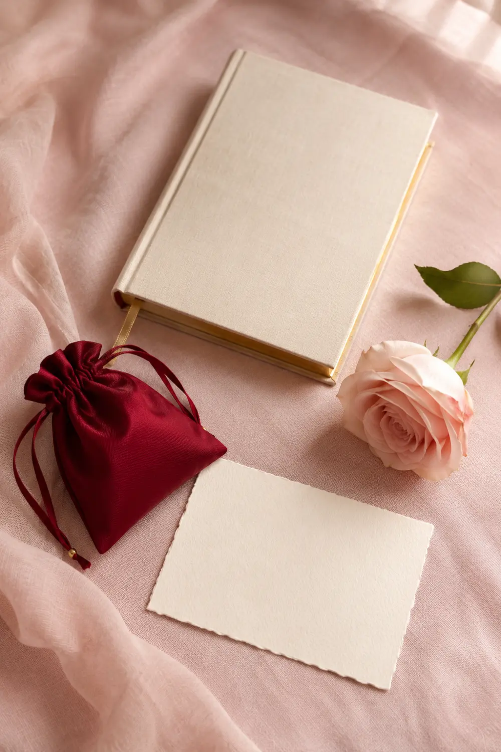 A journal, silk pouch and a blush rose
